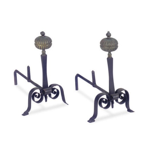 A PAIR OF IRON AND BRONZED METAL ANDIRONS,