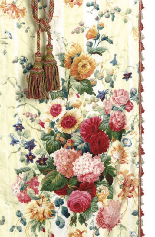 A SELECTION OF GREEN, ROSE, AND ORANGE FLORAL PATTERN CURTAINS,