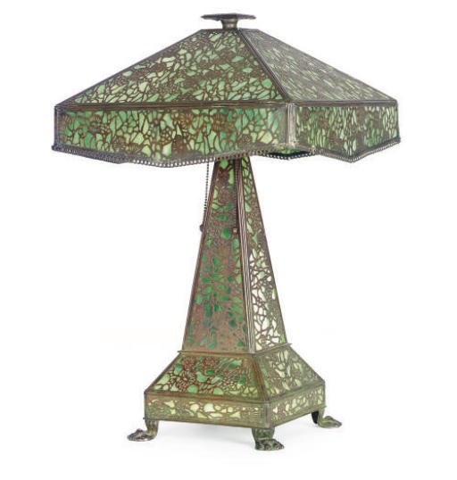 A RETICULATED BRONZE AND GREEN GLASS TABLE LAMP,