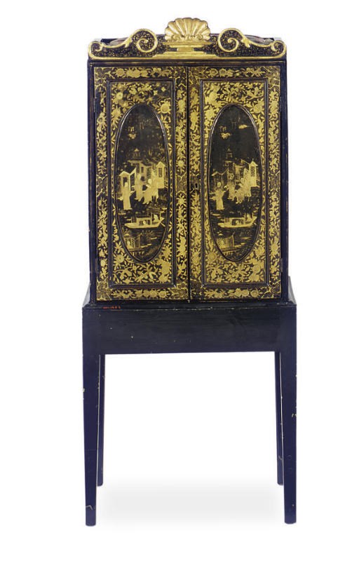 A CHINESE EXPORT BLACK AND GILT-LACQUER CABINET ON LATER JAPPANED STAND**,