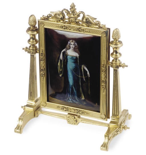 A FRENCH GILT-BRONZE AND ENAMEL MINIATURE CHEVAL MIRROR,