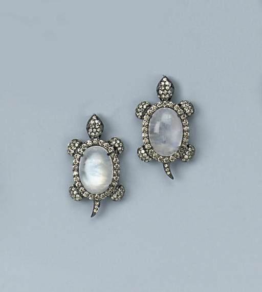 A PAIR OF MOONSTONE AND DIAMOND EARRINGS