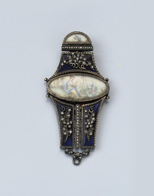 AN ANTIQUE SILVER, ROSE-CUT DIAMOND AND ENAMEL CHATELAINE