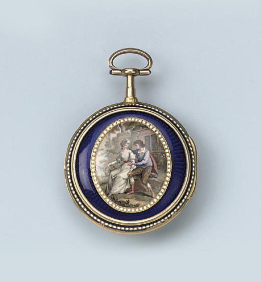 A FINE GOLD, ENAMEL AND PEARL-SET PAIR CASE OPENFACE WATCH