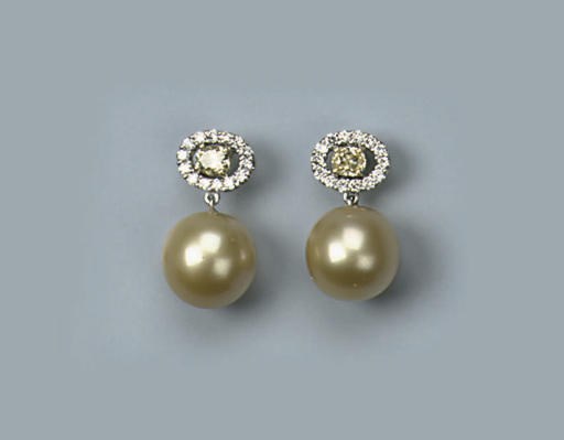 A PAIR OF SOUTH SEA CULTURED PEARL AND DIAMOND EARRINGS