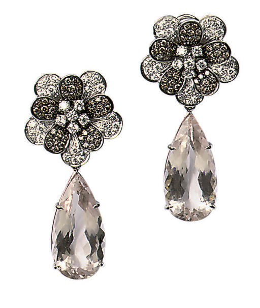 A PAIR OF DIAMOND, COLOURED DIAMOND AND MORGANITE EARRINGS