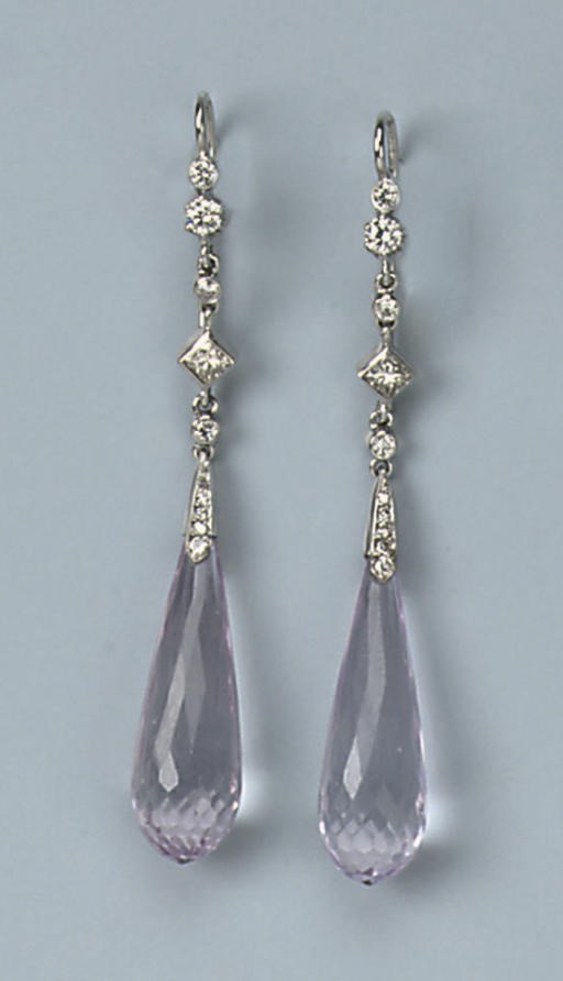 A PAIR OF KUNZITE AND DIAMOND EARRINGS