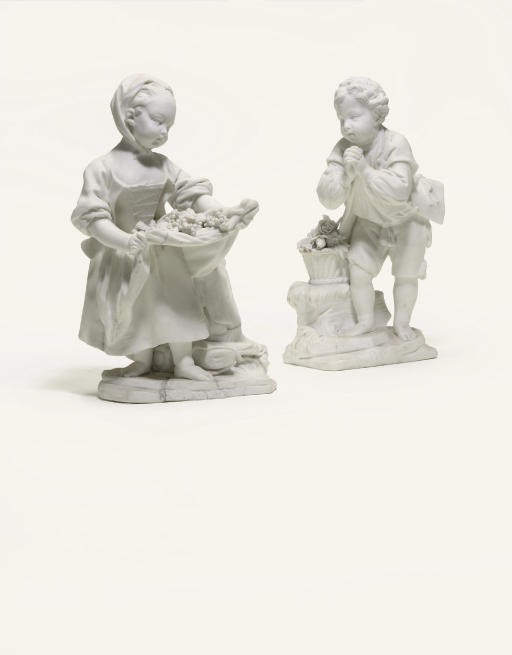 TWO SEVRES WHITE BISCUIT FIGURES OF 'LA PETITE FILLE AU TABLIER' AND 'LE JEUNE SUPPLIANT'