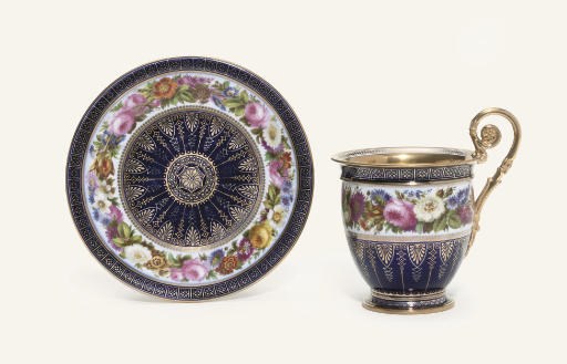 A SEVRES (LOUIS-PHILLIPPE) BLUE-GROUND CABINET-CUP AND SAUCER (TASSE A CHOCOLAT A.B. ET SOUCOUPE)