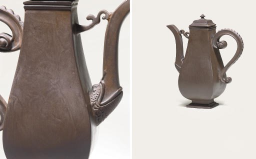 A BOTTGER BROWN STONEWARE BALUSTER COFFEE-POT AND COVER