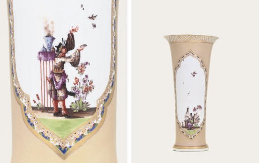 A MEISSEN AUGUSTUS REX FLARED CHINOISERIE PEACH-GROUND BEAKER-VASE