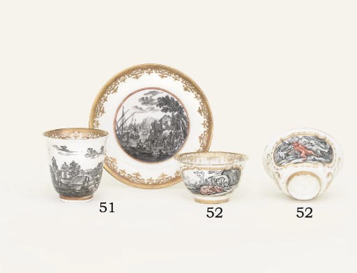 A MEISSEN HAUSMALEREI BEAKER AND SAUCER