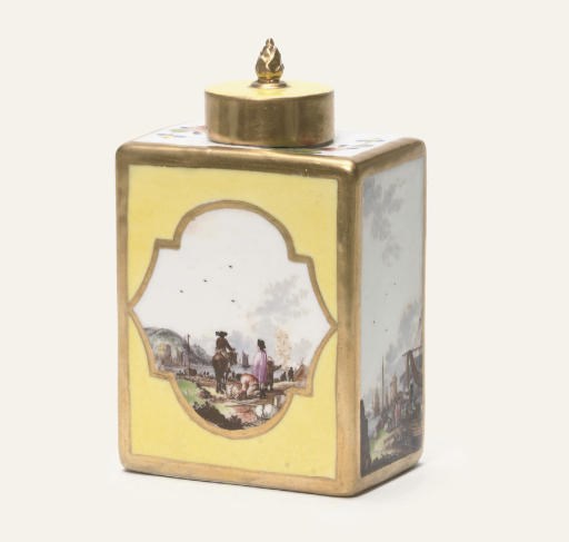 A MEISSEN YELLOW-GROUND RECTANGULAR TEACADDY AND COVER