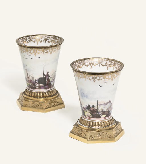 A PAIR OF MEISSEN GILT-METAL MOUNTED FLARED BEAKERS (RANFTBECHERN)