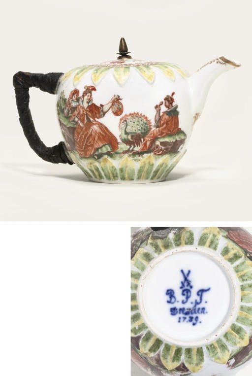 A MEISSEN DOCUMENTARY HAUSMALEREI BULLET-SHAPED TEAPOT AND COVER