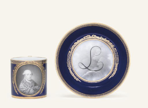 A MEISSEN (MARCOLINI) BLUE-GROUND CYLINDRICAL PORTRAIT CUP AND SAUCER