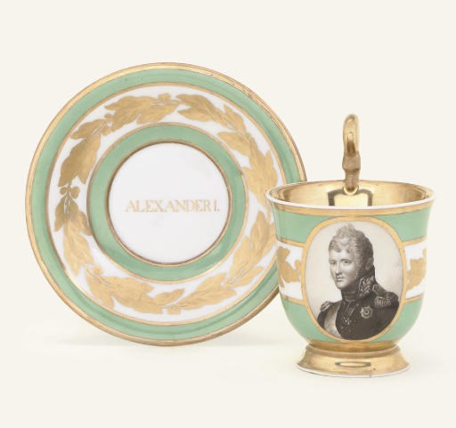 A BERLIN GREEN-GROUND IMPERIAL PORTRAIT CABINET-CUP AND SAUCER