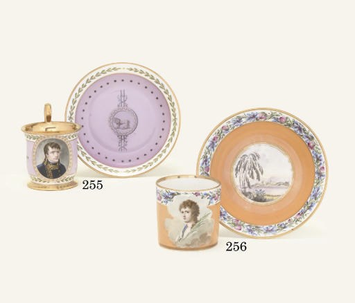 A SEVRES (HARD PASTE) PINK GROUND IMPERIAL PORTRAIT CUP AND SAUCER