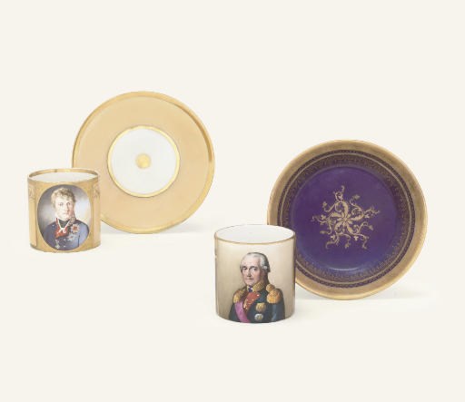 A NYMPHENBURG APRICOT-GROUND CABINET CUP AND A SAUCER AND A MEISSEN (MARCOLINI) PURPLE-GROUND CABINET CUP AND SAUCER