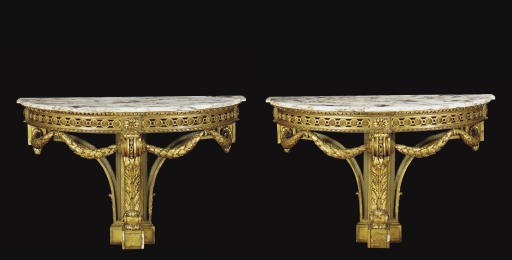 A PAIR OF GILTWOOD MARBLE-TOPPED CONSOLES