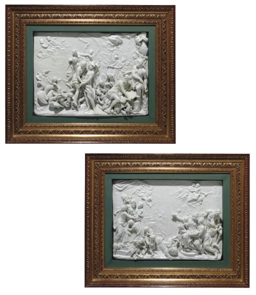 TWO DOCCIA-GINORI WHITE RECTANGULAR PLAQUES, 'L'ALLEGORIA DELLA PRIMAVERA ET DELL' INVERNO'