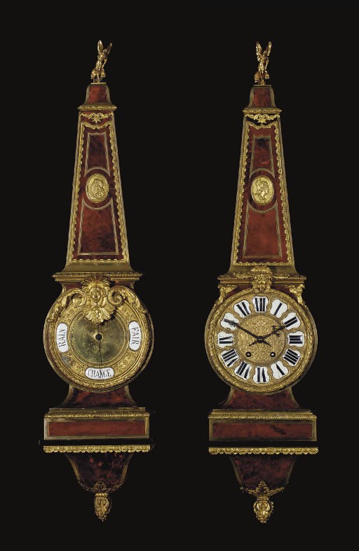 A FRENCH ORMOLU-MOUNTED CUT-BRASS AND TORTOISESHELL-INLAID 'BOULLE' CARTEL D'APPLIQUE AND BAROMETER**