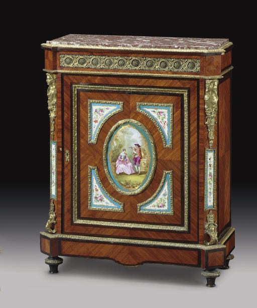 A FRENCH ORMOLU- AND SEVRES STYLE PORCELAIN-MOUNTED TULIPWOOD MEUBLE D'APPUI