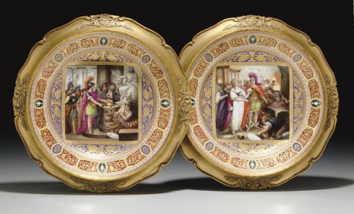 A PAIR OF VIENNA STYLE PURPLE AND BURGUNDY GROUND CHARGERS