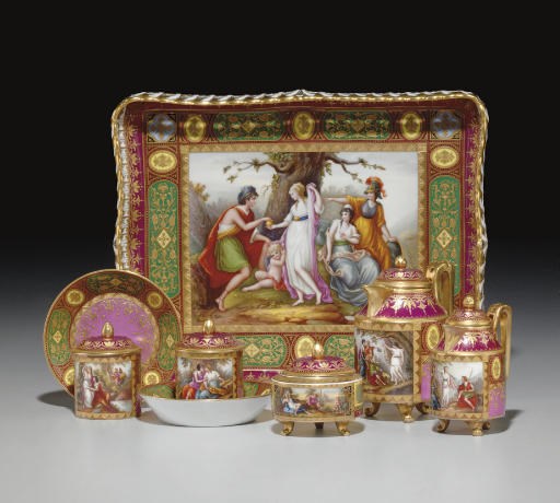 A VIENNA STYLE BURGUNDY AND GREEN GROUND PART TETE-A-TETE