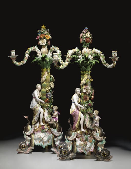A PAIR OF MASSIVE MEISSEN FLOWER-ENCRUSTED FIGURAL THREE-LIGHT CANDELABRA