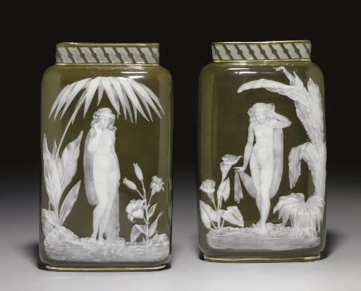 A PAIR OF GEORGE JONES PATE-SUR-PATE DARK-OLIVE GREEN GROUND VASES