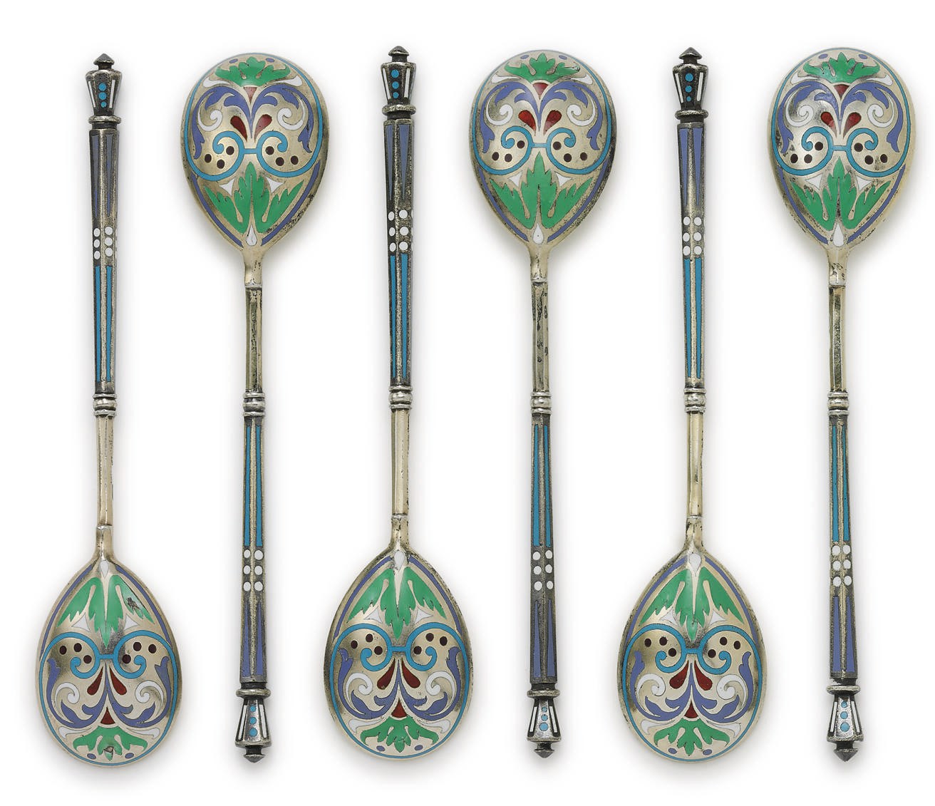 A Set of Six Silver-Gilt Champlevé Enamel Teaspoons