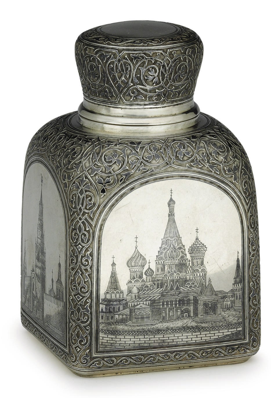 A Silver and Niello Tea Caddy