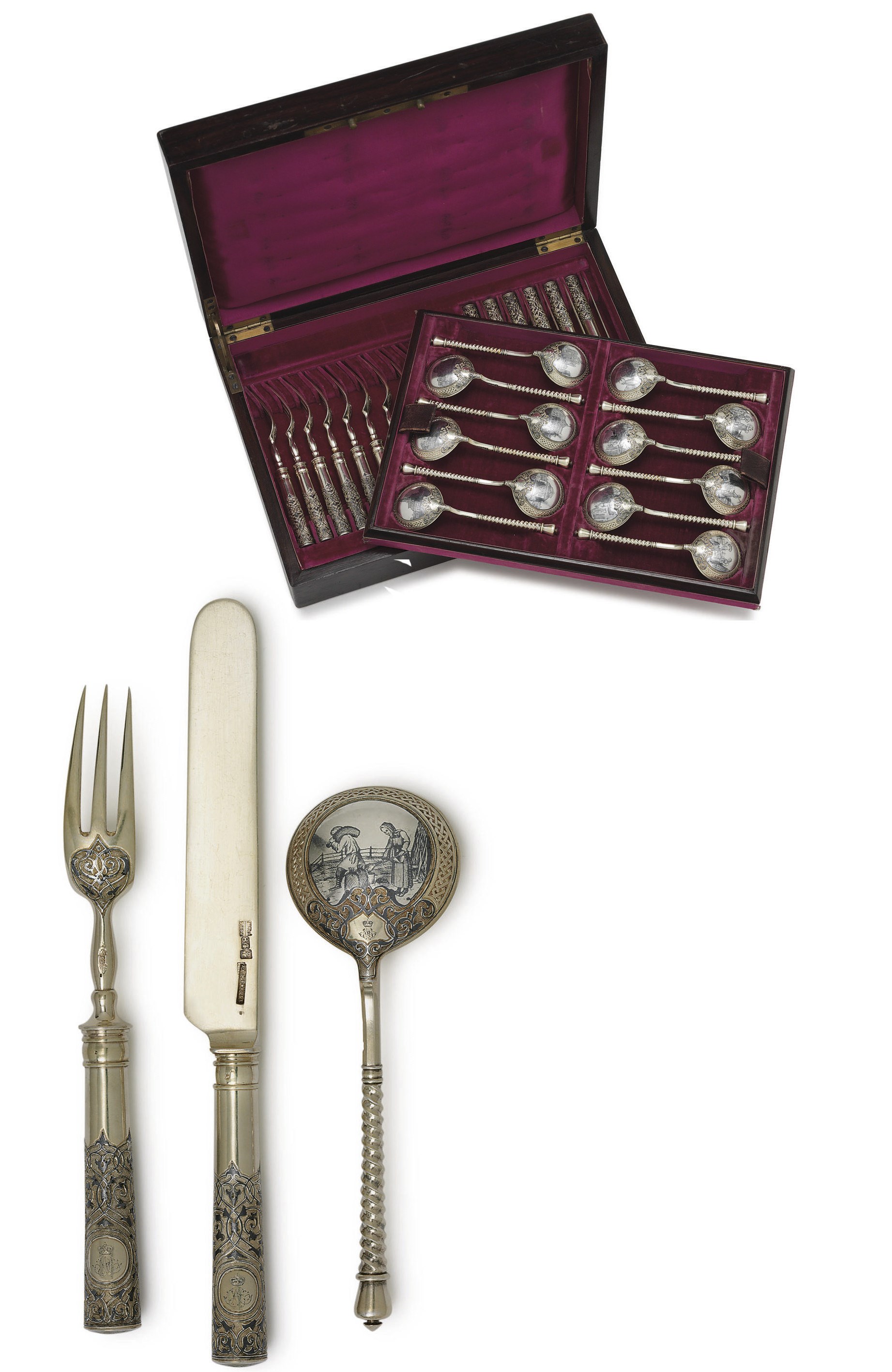 A Silver-Gilt and Niello Dessert Flatware Service