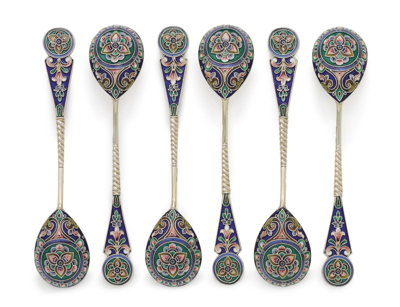 A Set of Six Silver-Gilt and Cloisonné Enamel Teaspoons