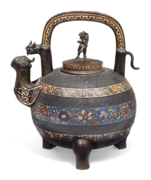 A CHINESE BRONZE AND CLOISSONE ENAMEL TEA POT