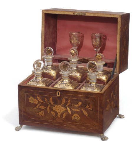 A DUTCH MAHOGANY AND MARQUETRY INLAID DECANTER CASE