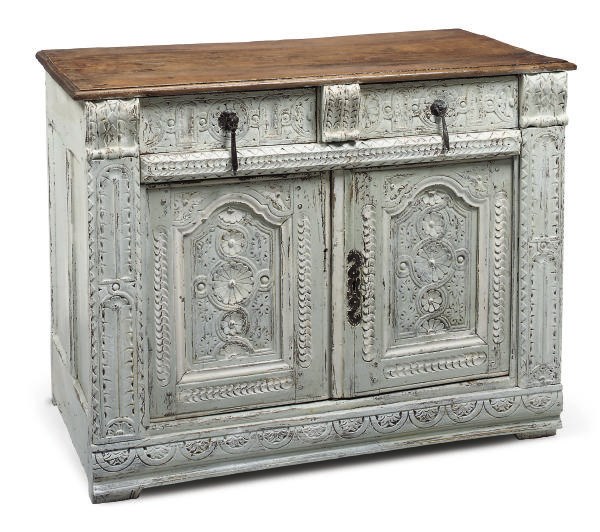 A FRENCH WHITE PAINTED CARVED OAK CUPBOARD