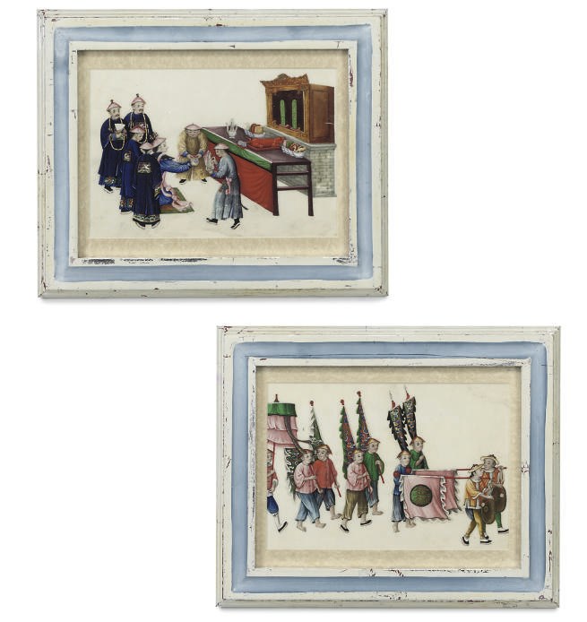 A SET OF FOURTEEN CHINESE RICE-PAPER PAINTING OF FIGURES IN PROCESSION OR IN OTHER ACIVITIES