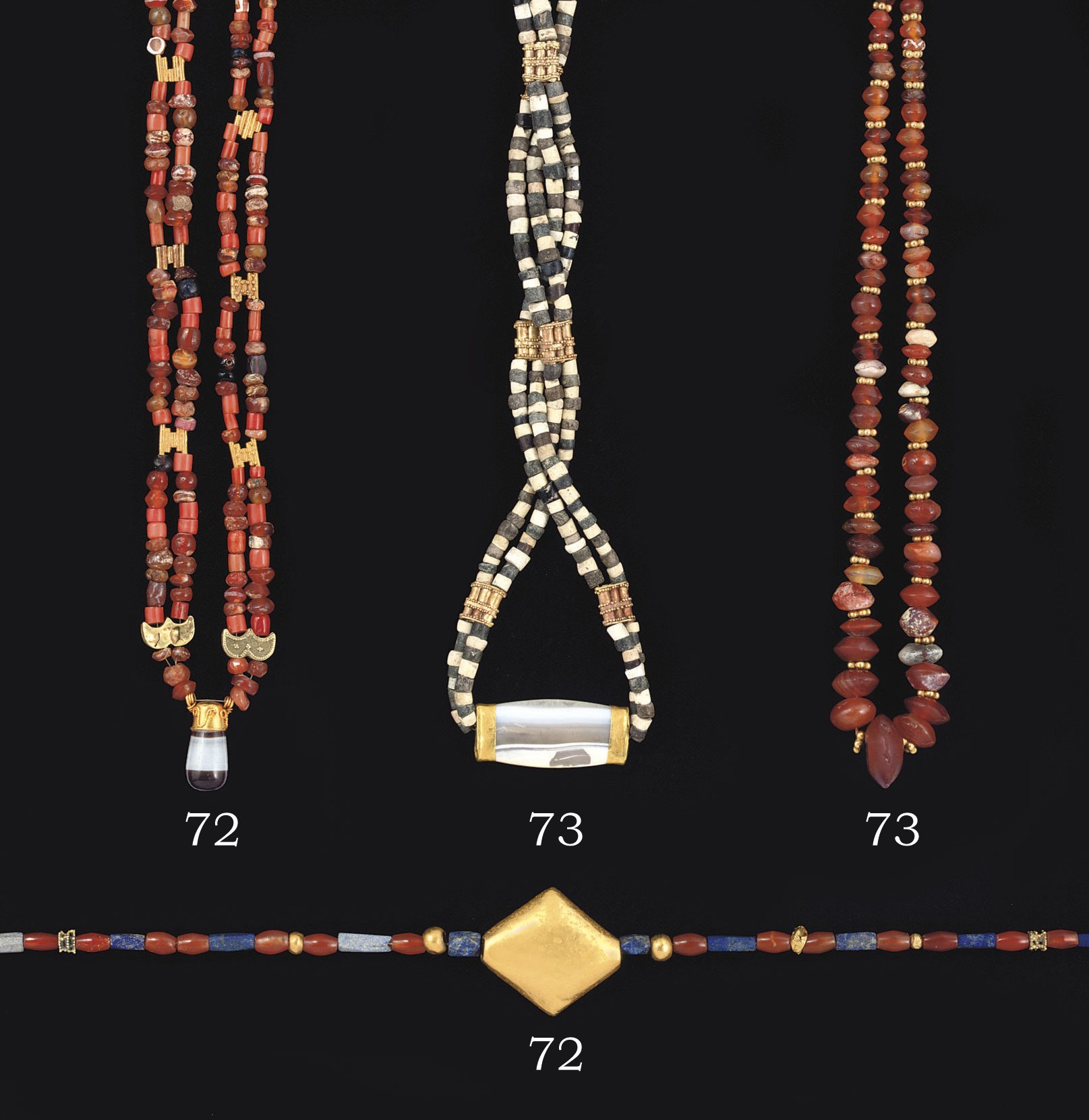 THREE HARDSTONE, FAIENCE AND GOLD BEAD NECKLACES