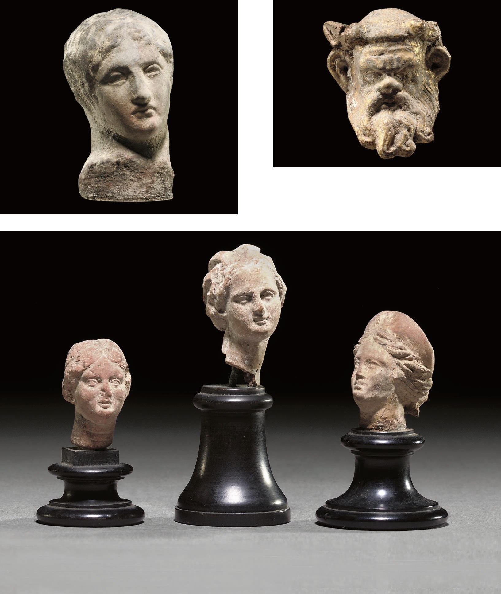 A GROUP OF FIVE GREEK TERRACOTTA HEADS