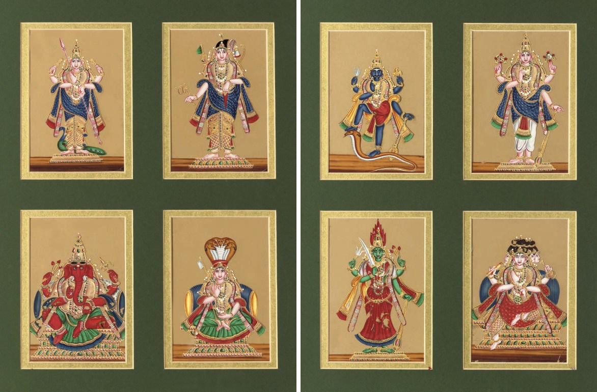A SET OF EIGHT MICA PAINTINGS OF DEITIES, 19TH CENTURY