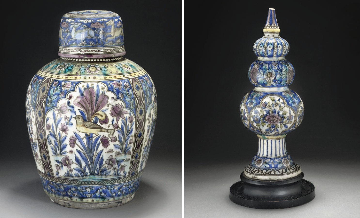 A QAJAR POLYCHROME URN AND LID, IRAN, 19TH CENTURY