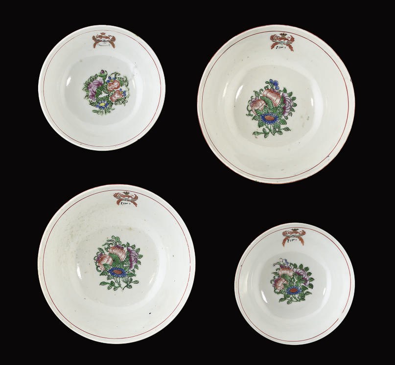 A GROUP OF FOUR CANTON FAMILLE ROSE BOWLS MADE FOR NASR AL-DIN SHAH, CHINA, DATED 1302AH/1884AD