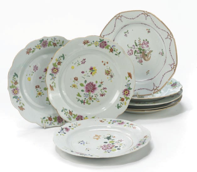 A group of nine Chinese export famille rose dishes