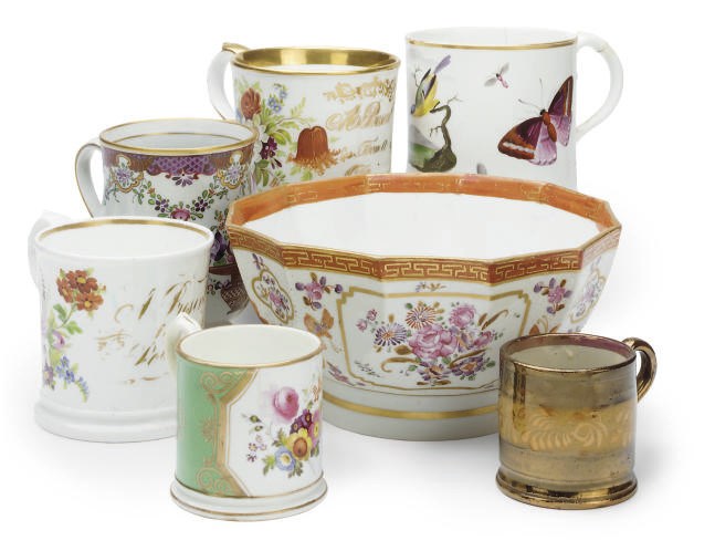 A COLLECTION OF SIX MUGS AND A BOWL