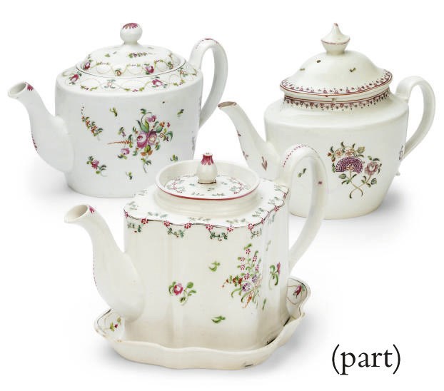 FIVE ENGLISH PORCELAIN TEAPOTS AND COVERS AND THREE STANDS
