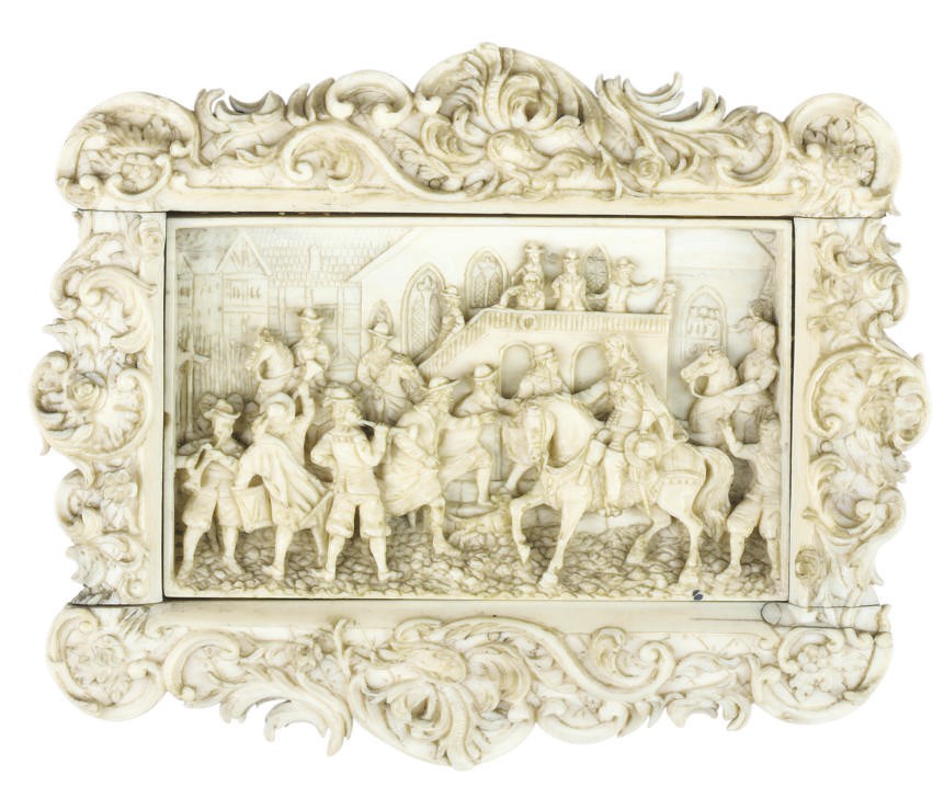 A FRENCH IVORY RELIEF OF SOLDIERS IN SEVENTEENTH CENTURY DRESS