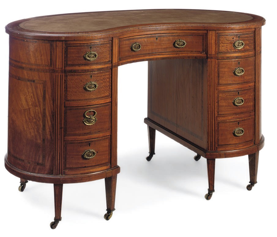 A VICTORIAN SATINWOOD AND TULIPWOOD CROSSBANDED KIDNEY-SHAPED KNEEHOLE DESK