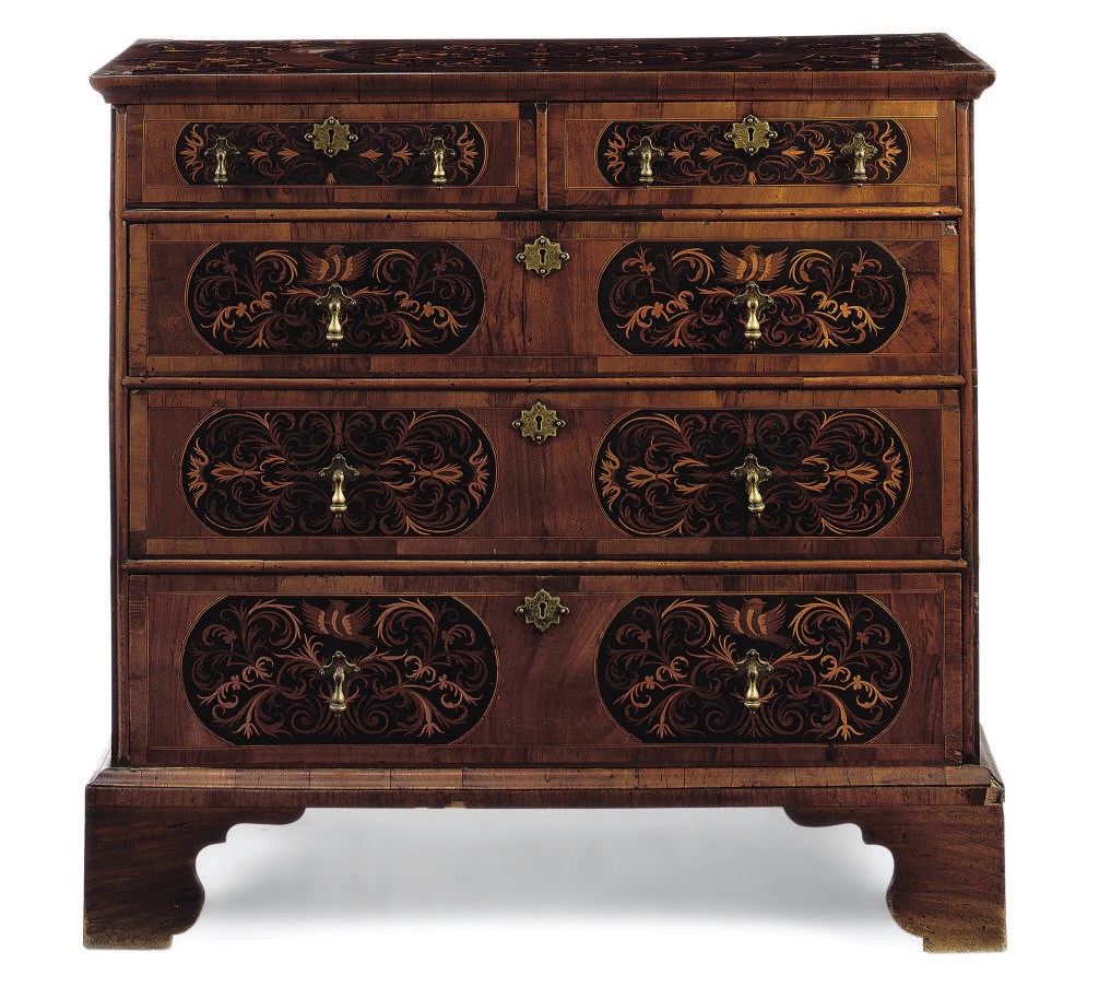 A WILLIAM AND MARY WALNUT AND SEAWEED-MARQUETRY CHEST